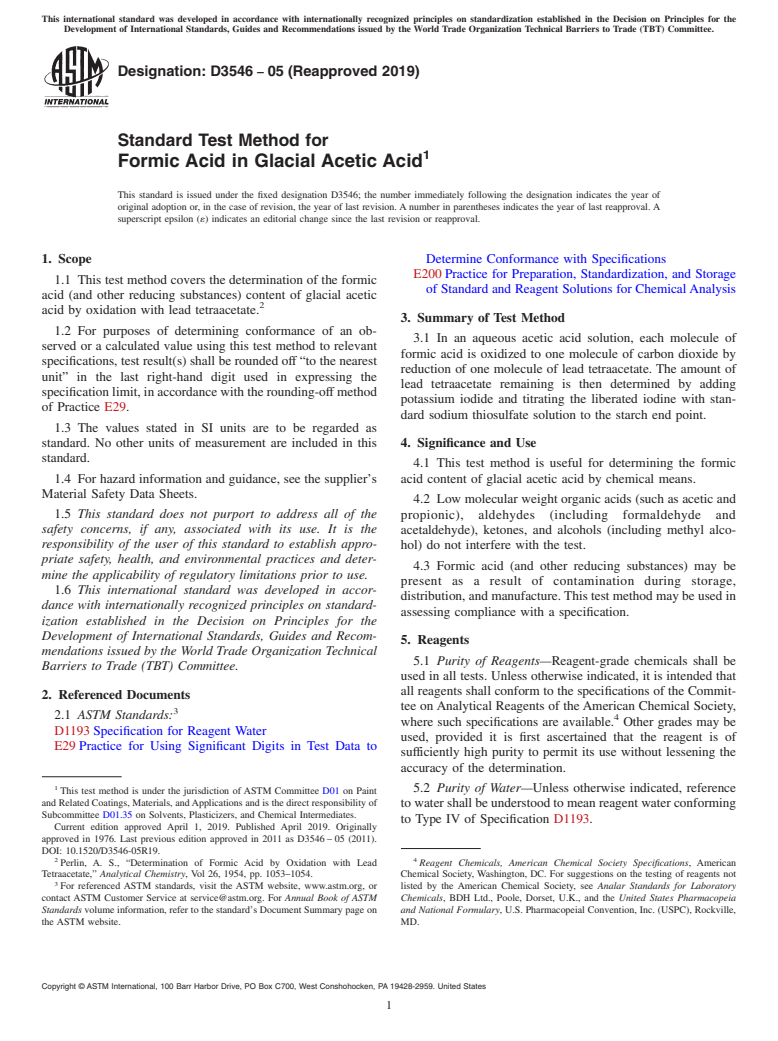 ASTM D3546-05(2019) - Standard Test Method for  Formic Acid in Glacial Acetic Acid