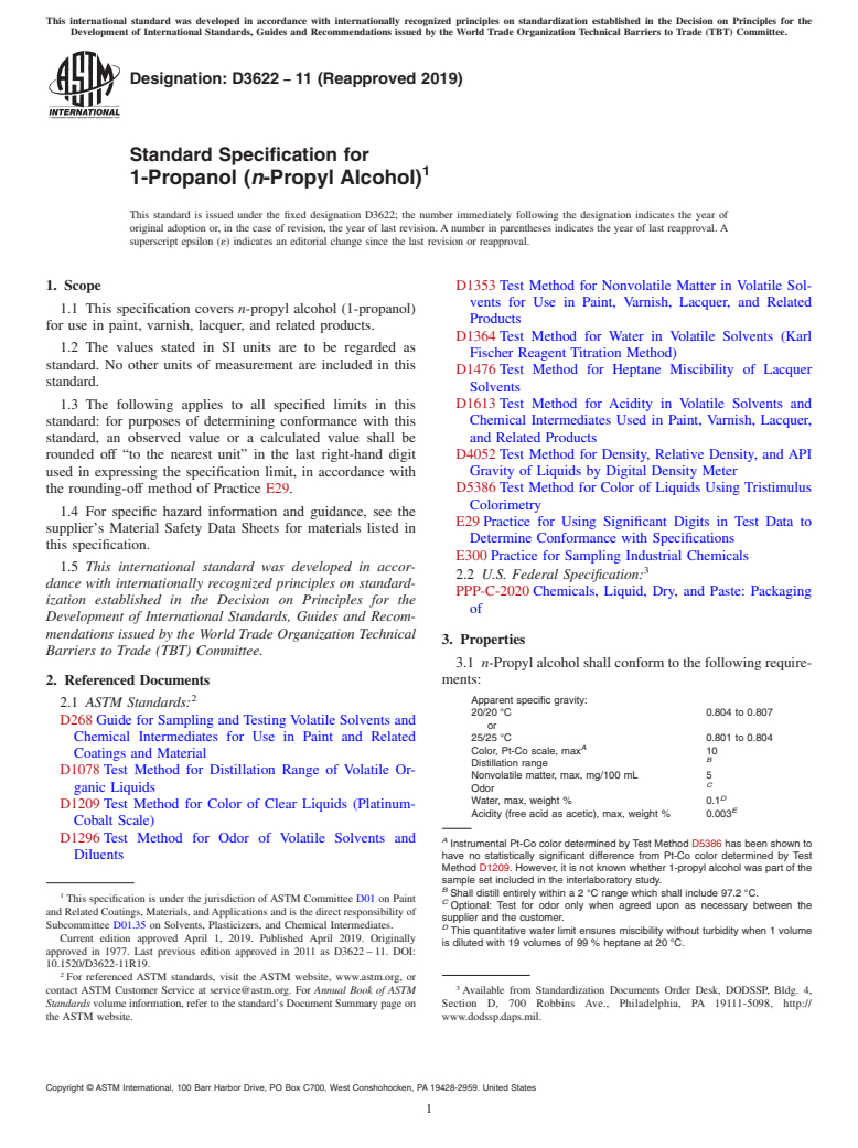ASTM D3622-11(2019) - Standard Specification for  1-Propanol (<emph type="bdit">n</emph>-Propyl Alcohol)