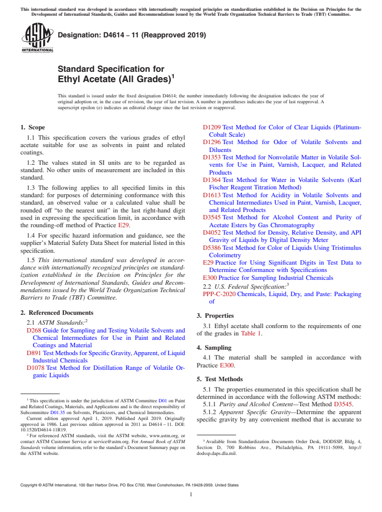 ASTM D4614-11(2019) - Standard Specification for  Ethyl Acetate (All Grades)