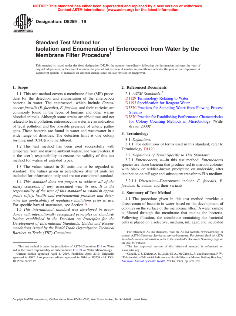 ASTM D5259-19 - Standard Test Method for  Isolation and Enumeration of Enterococci from Water by the  Membrane Filter Procedure