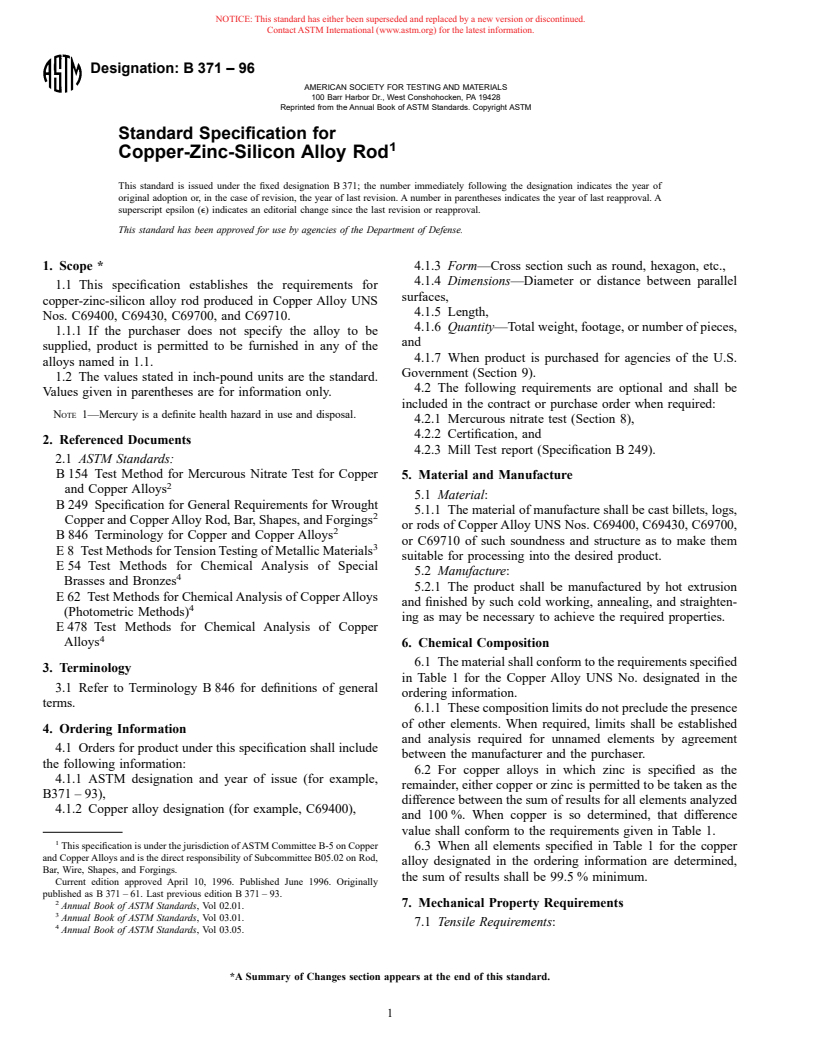 ASTM B371-96 - Standard Specification for Copper-Zinc-Silicon Alloy Rod ...