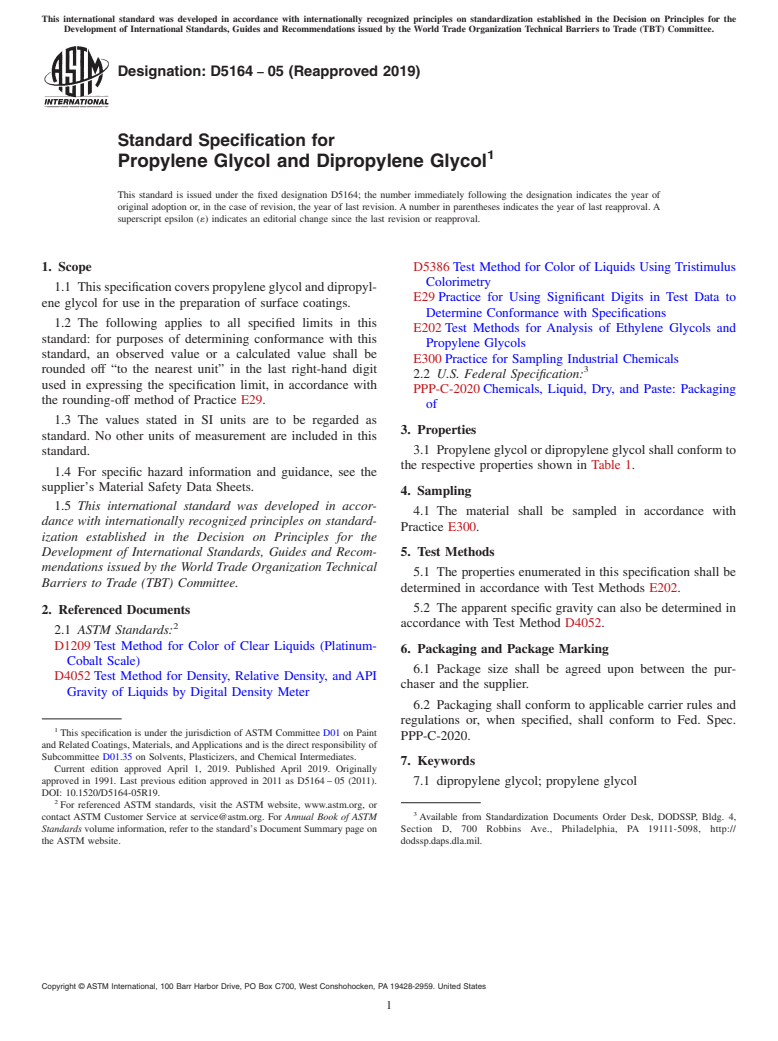 ASTM D5164-05(2019) - Standard Specification for Propylene Glycol and Dipropylene Glycol