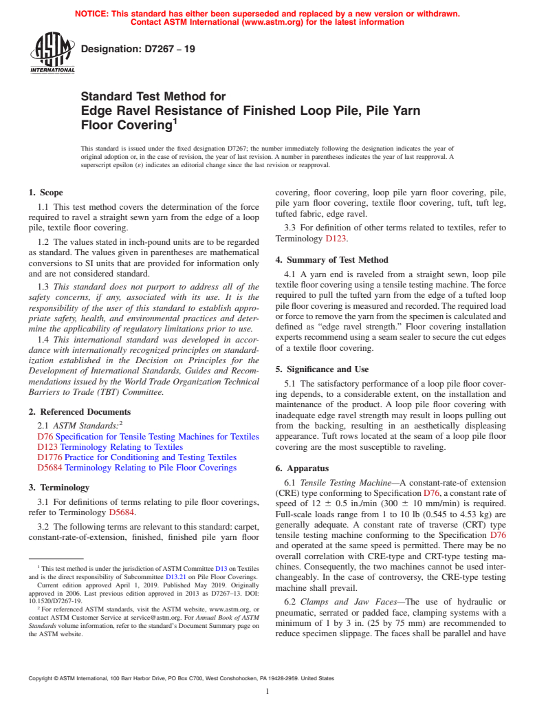 ASTM D7267-19 - Standard Test Method for  Edge Ravel Resistance of Finished Loop Pile, Pile Yarn Floor  Covering