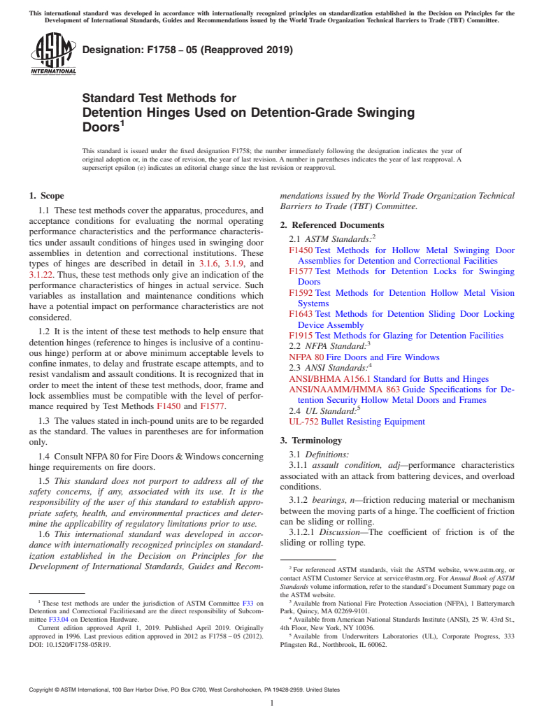 ASTM F1758-05(2019) - Standard Test Methods for  Detention Hinges Used on Detention-Grade Swinging Doors