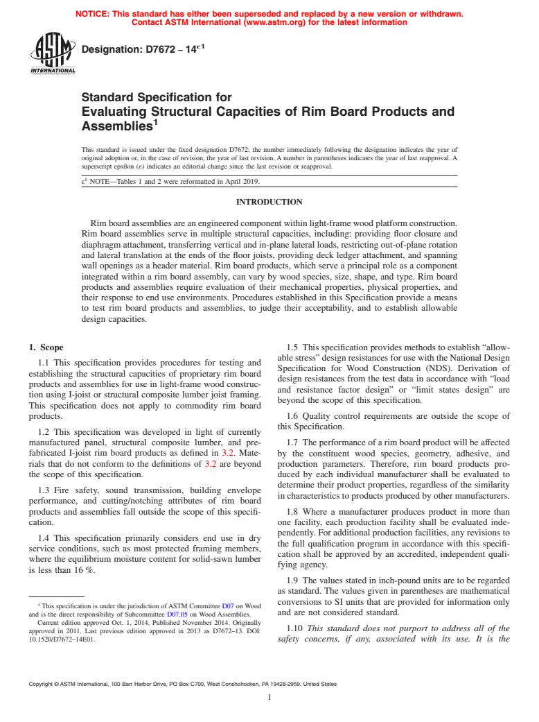 ASTM D7672-14e1 - Standard Specification for  Evaluating Structural Capacities of Rim Board Products and   Assemblies