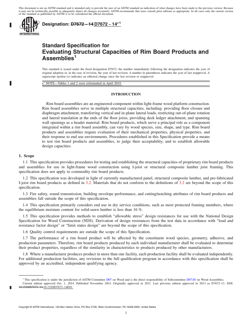 REDLINE ASTM D7672-14e1 - Standard Specification for  Evaluating Structural Capacities of Rim Board Products and   Assemblies