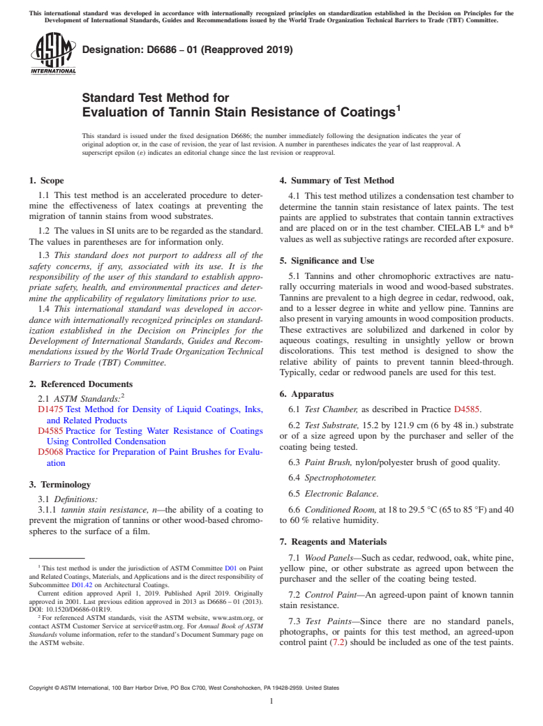ASTM D6686-01(2019) - Standard Test Method for Evaluation of Tannin Stain Resistance of Coatings