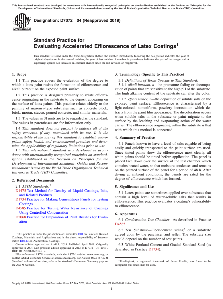 ASTM D7072-04(2019) - Standard Practice for  Evaluating Accelerated Efflorescence of Latex Coatings