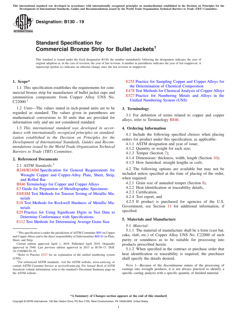 ASTM B130-19 - Standard Specification for Commercial Bronze Strip for Bullet Jackets