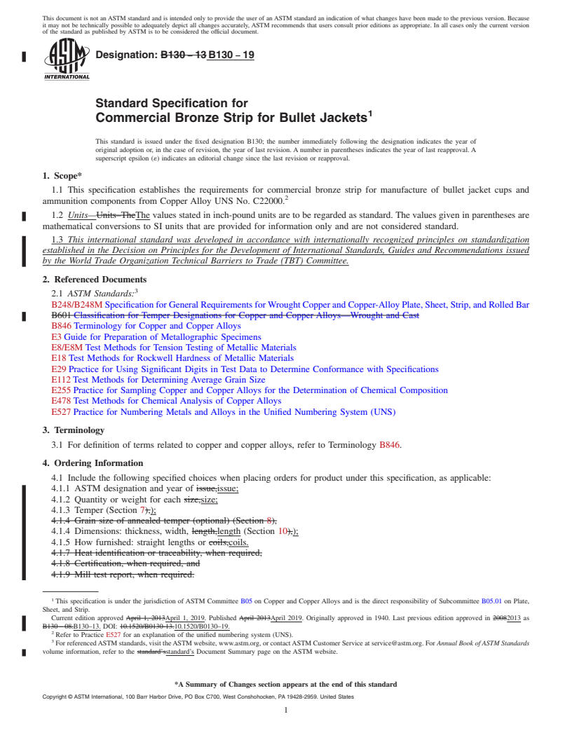 REDLINE ASTM B130-19 - Standard Specification for Commercial Bronze Strip for Bullet Jackets