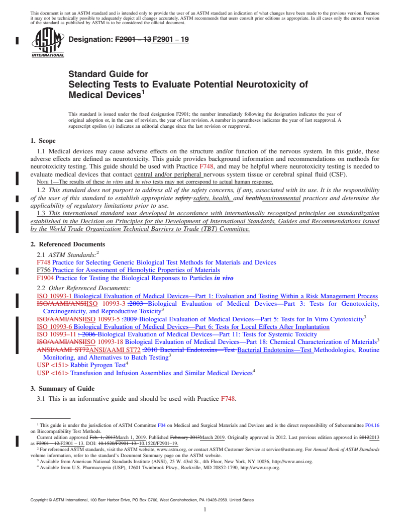 REDLINE ASTM F2901-19 - Standard Guide for  Selecting Tests to Evaluate Potential Neurotoxicity of  Medical  Devices