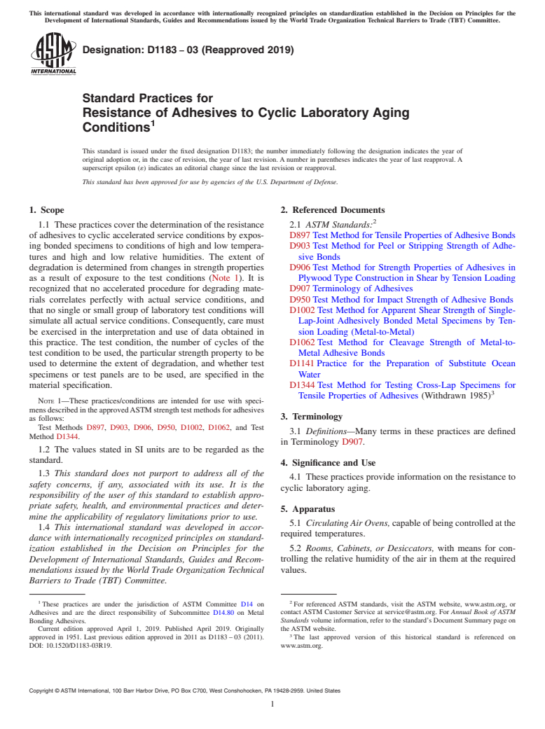 ASTM D1183-03(2019) - Standard Practices for  Resistance of Adhesives to Cyclic Laboratory Aging Conditions