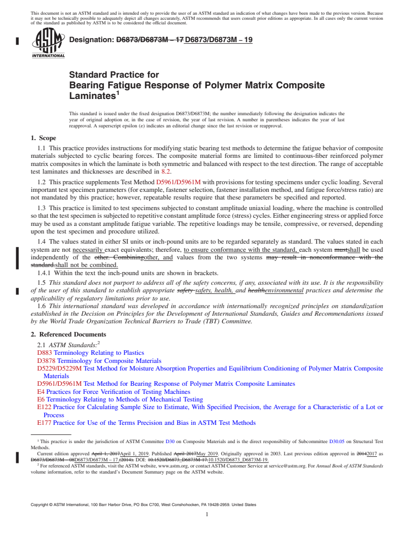 REDLINE ASTM D6873/D6873M-19 - Standard Practice for  Bearing Fatigue Response of Polymer Matrix Composite Laminates