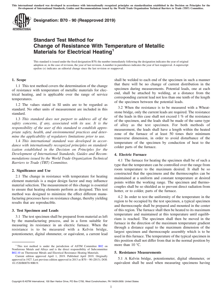 ASTM B70-90(2019) - Standard Test Method for Change of Resistance With Temperature of Metallic Materials  for Electrical  Heating