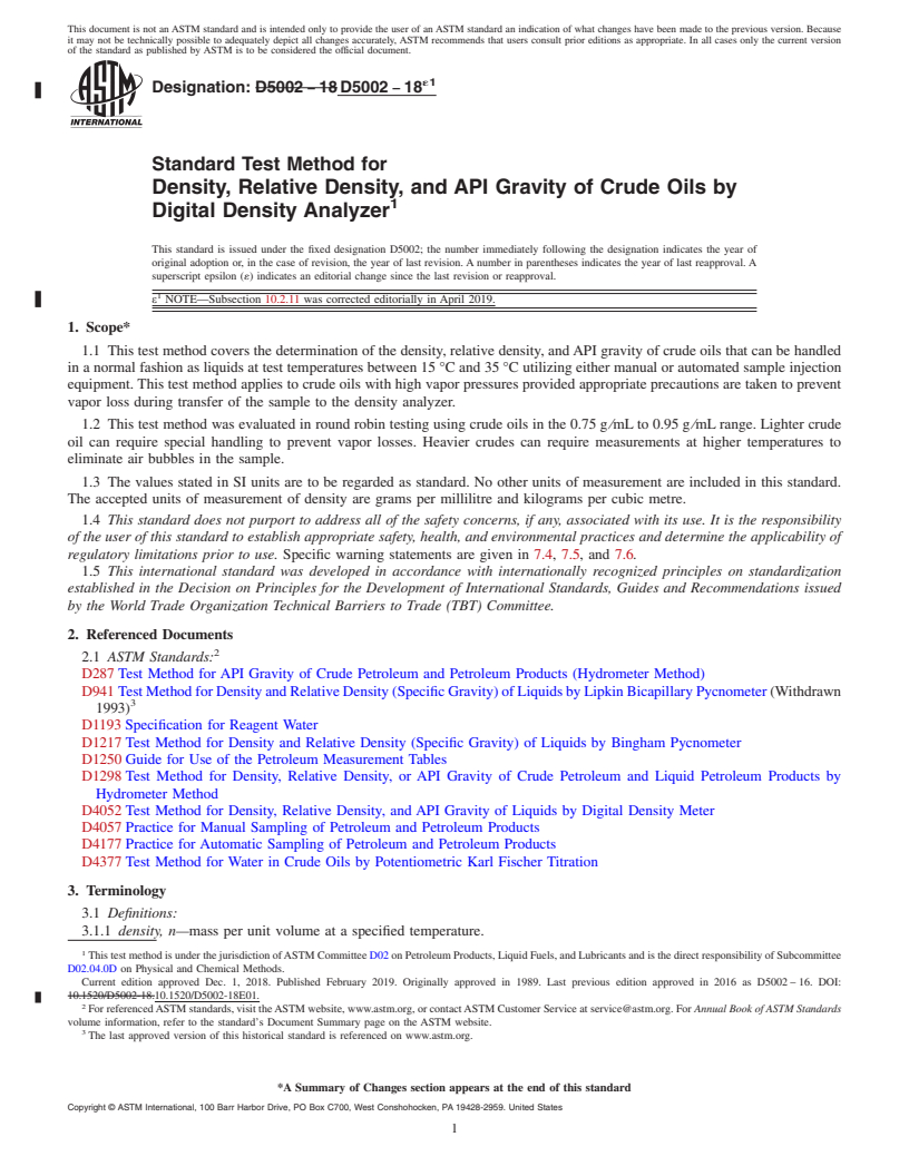 REDLINE ASTM D5002-18e1 - Standard Test Method for  Density, Relative Density, and API Gravity of Crude Oils by  Digital Density Analyzer