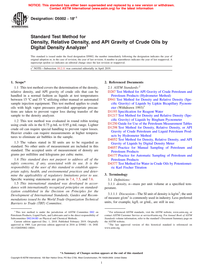 ASTM D5002-18e1 - Standard Test Method for  Density, Relative Density, and API Gravity of Crude Oils by  Digital Density Analyzer