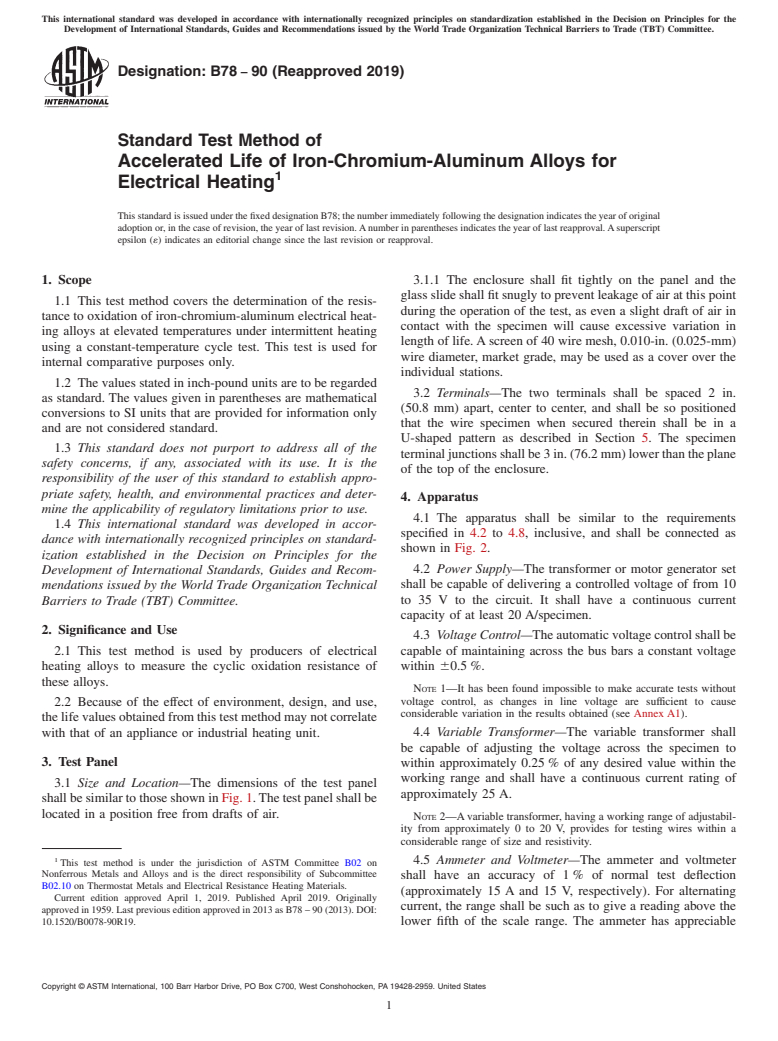 ASTM B78-90(2019) - Standard Test Method of Accelerated Life of Iron-Chromium-Aluminum Alloys for Electrical  Heating