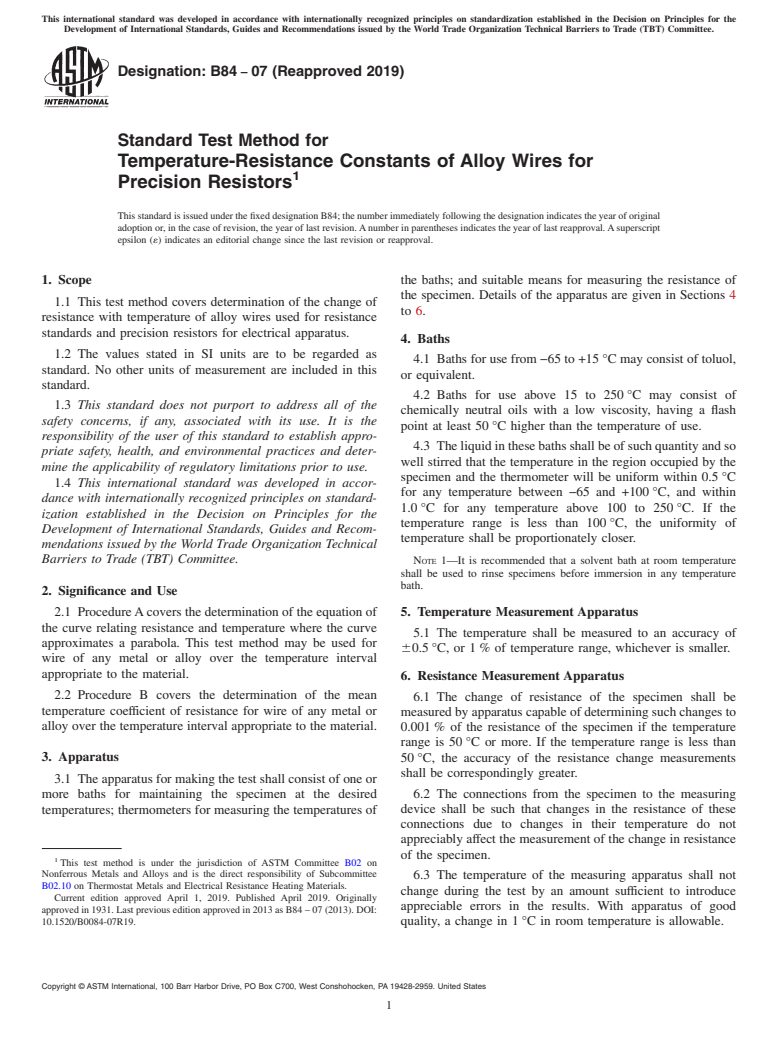 ASTM B84-07(2019) - Standard Test Method for Temperature-Resistance Constants of Alloy Wires for Precision  Resistors