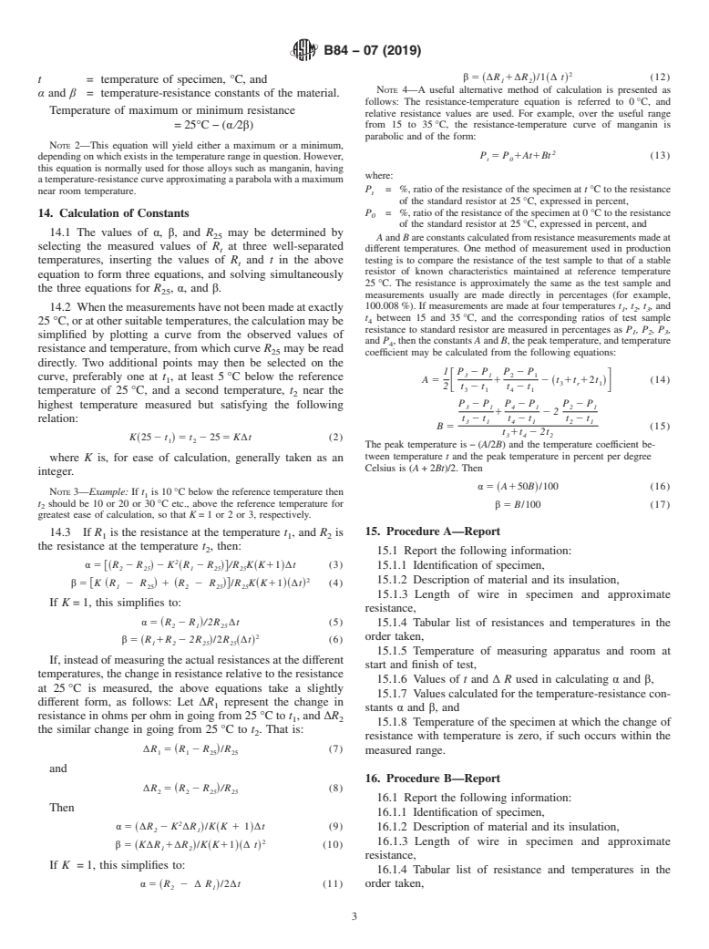 ASTM B84-07(2019) - Standard Test Method for Temperature-Resistance Constants of Alloy Wires for Precision  Resistors