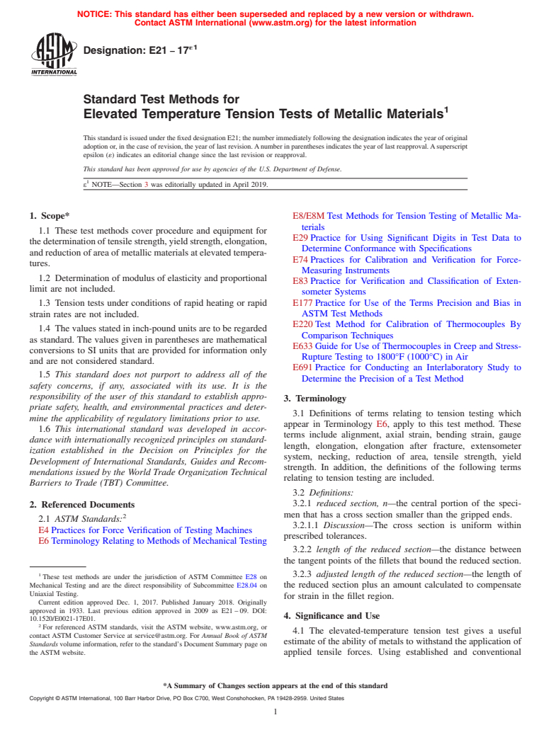 ASTM E21-17e1 - Standard Test Methods for  Elevated Temperature Tension Tests of Metallic Materials