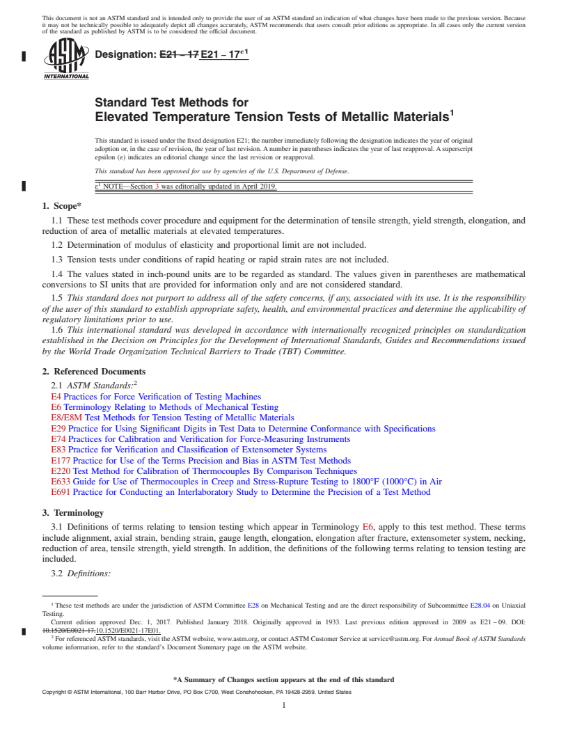 REDLINE ASTM E21-17e1 - Standard Test Methods for  Elevated Temperature Tension Tests of Metallic Materials