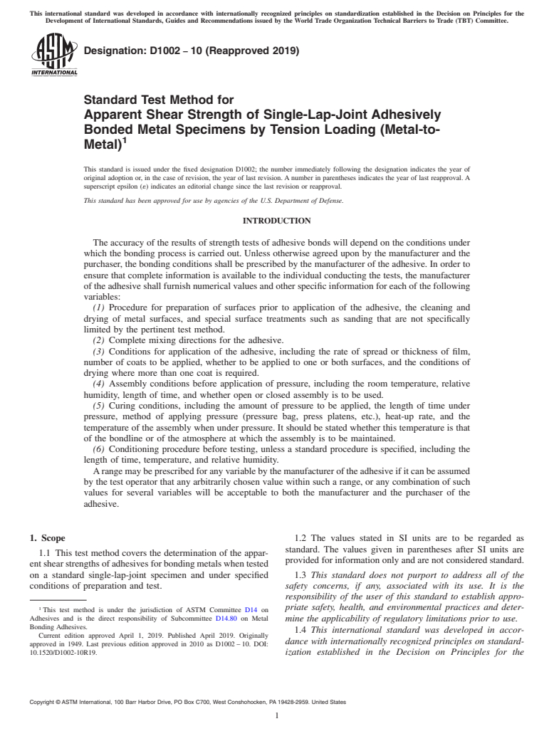 ASTM D1002-10(2019) - Standard Test Method for Apparent Shear Strength of Single-Lap-Joint Adhesively Bonded  Metal Specimens by Tension Loading (Metal-to-Metal)