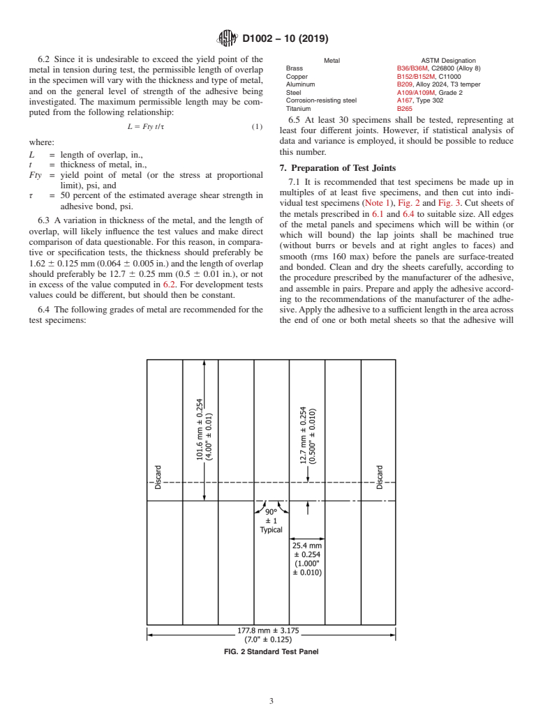 ASTM D1002-10(2019) - Standard Test Method for Apparent Shear Strength of Single-Lap-Joint Adhesively Bonded  Metal Specimens by Tension Loading (Metal-to-Metal)