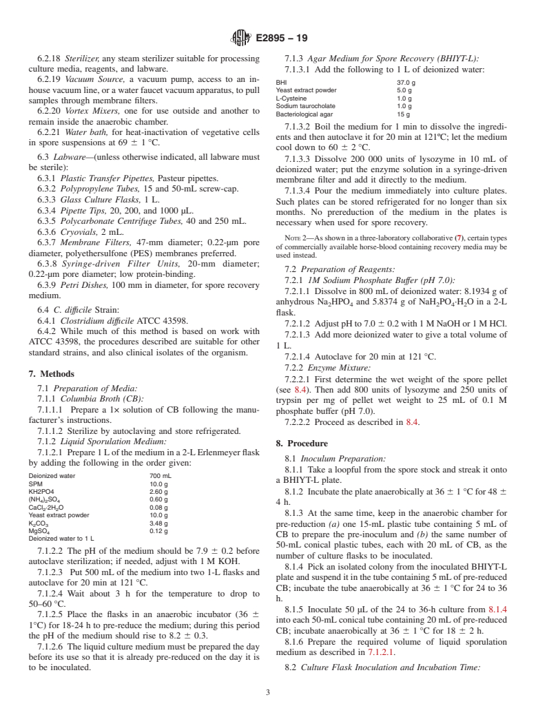 ASTM E2895-19 - Standard Practice for Producing High Titers of Viable and Semi-Purified Spores of  Clostridium difficile using a Liquid Medium