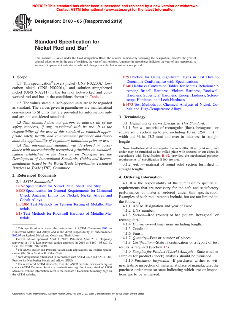 ASTM B160-05(2019) - Standard Specification for Nickel Rod and Bar