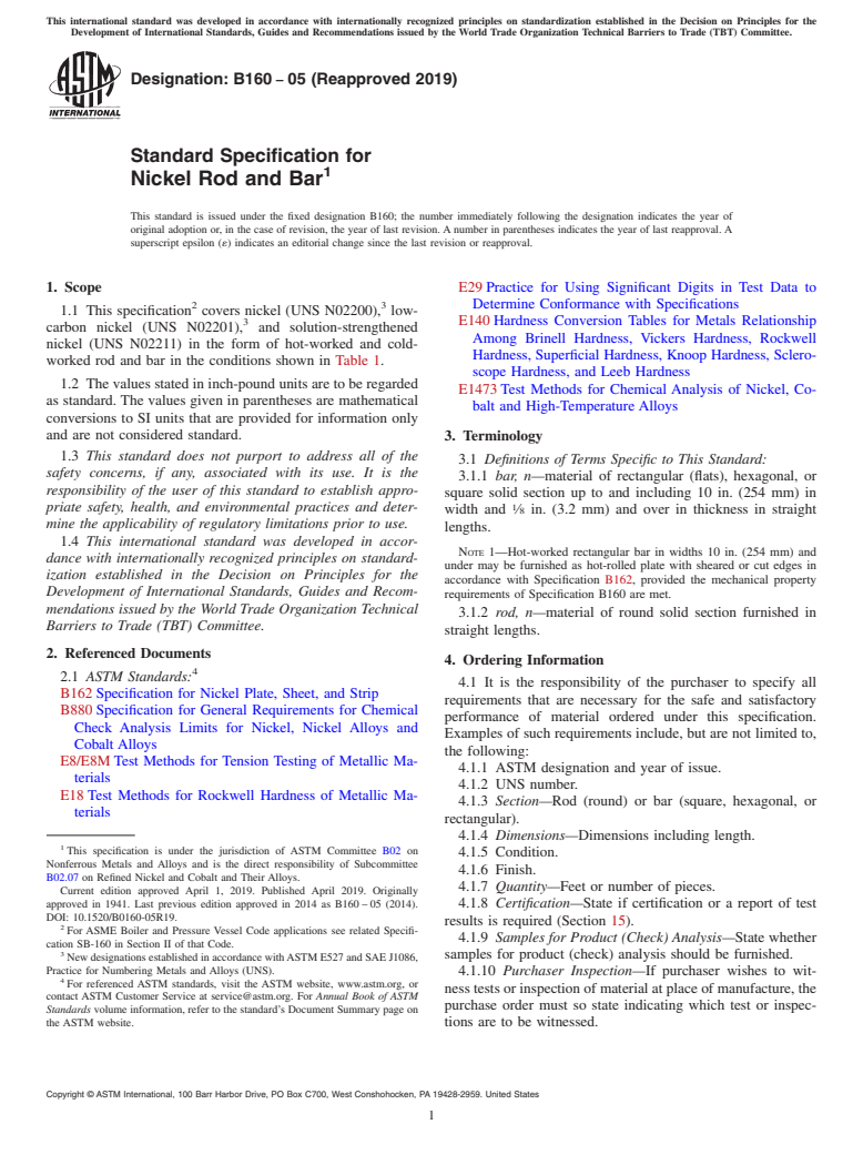 ASTM B160-05(2019) - Standard Specification for Nickel Rod and Bar