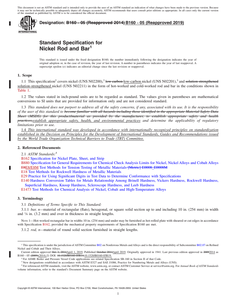 REDLINE ASTM B160-05(2019) - Standard Specification for Nickel Rod and Bar