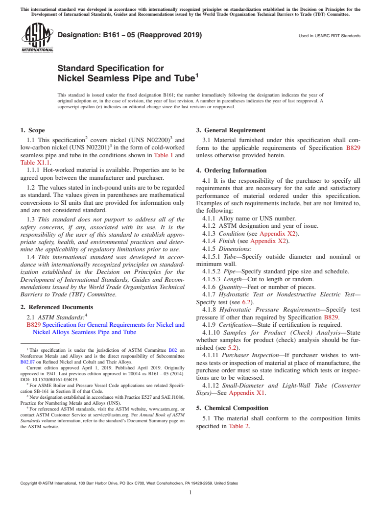 ASTM B161-05(2019) - Standard Specification for Nickel Seamless Pipe and Tube