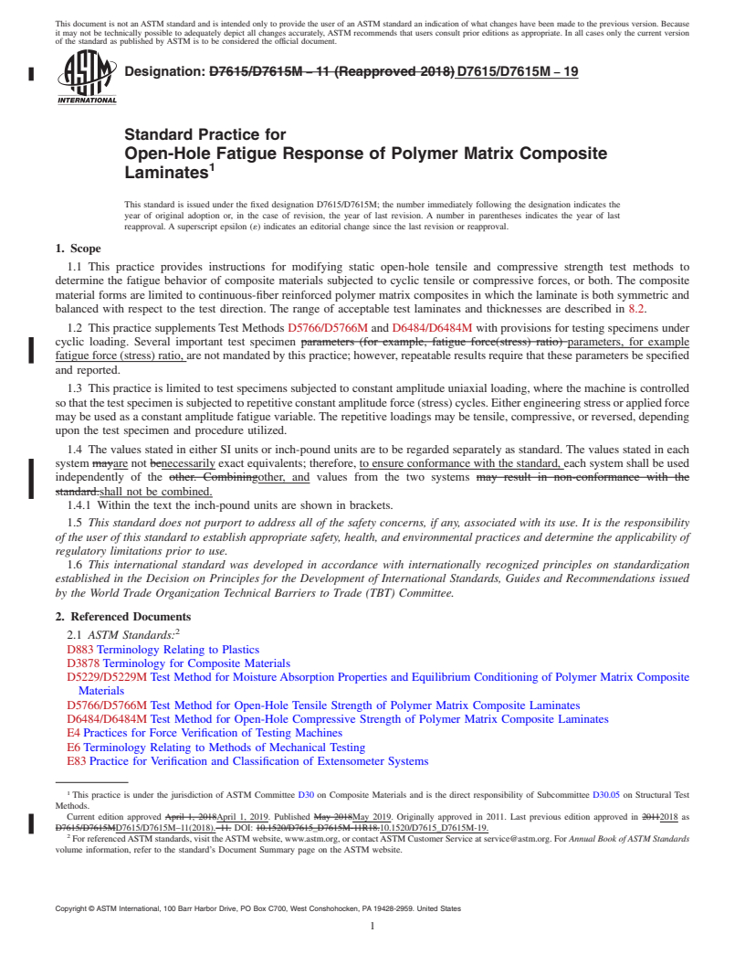 REDLINE ASTM D7615/D7615M-19 - Standard Practice for  Open-Hole Fatigue Response of Polymer Matrix Composite Laminates