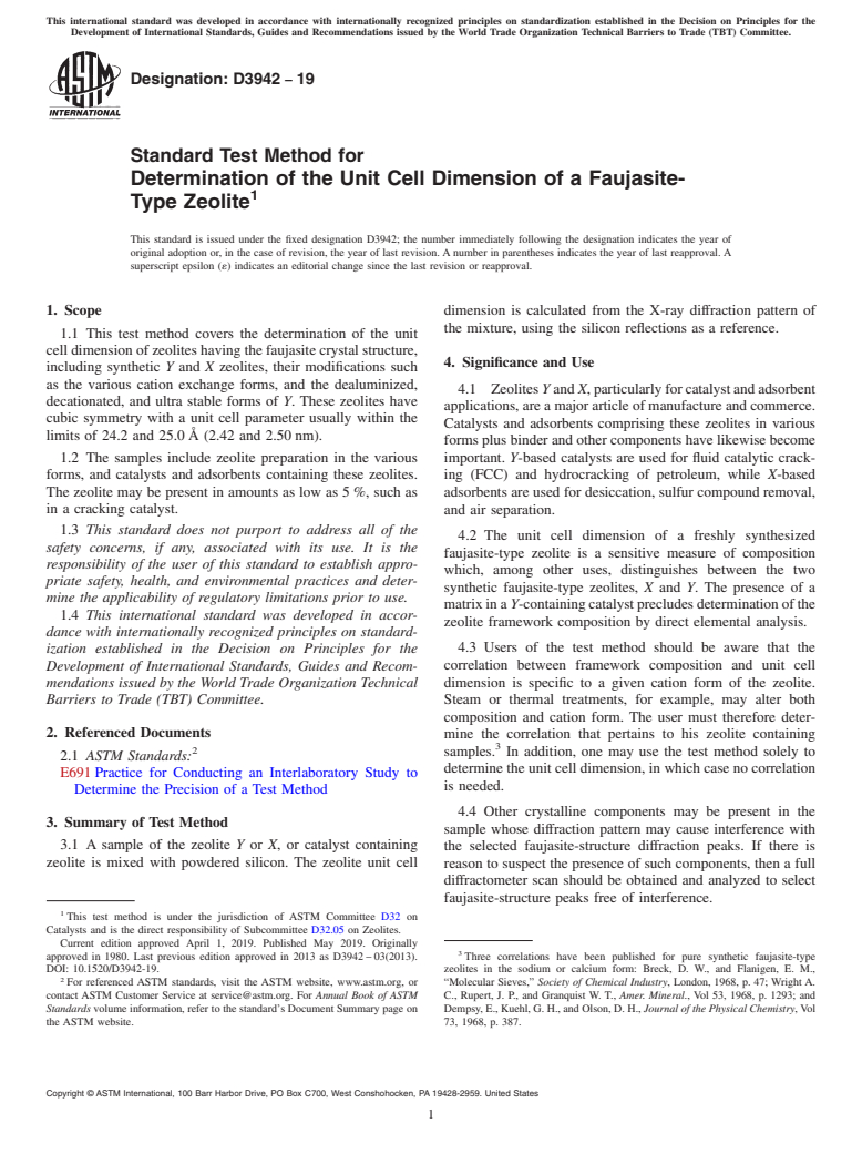 ASTM D3942-19 - Standard Test Method for  Determination of the Unit Cell Dimension of a Faujasite-Type  Zeolite