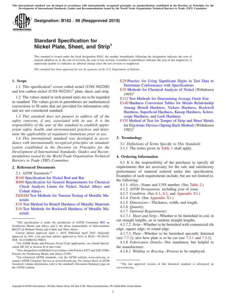 ASTM B162-99(2019) - Standard Specification for Nickel Plate, Sheet, and Strip