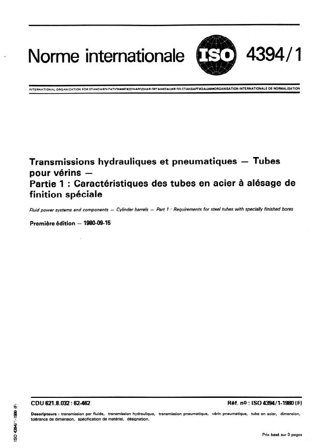 ISO 4394-1:1980 - Transmissions hydrauliques et pneumatiques -- Tubes pour vérins