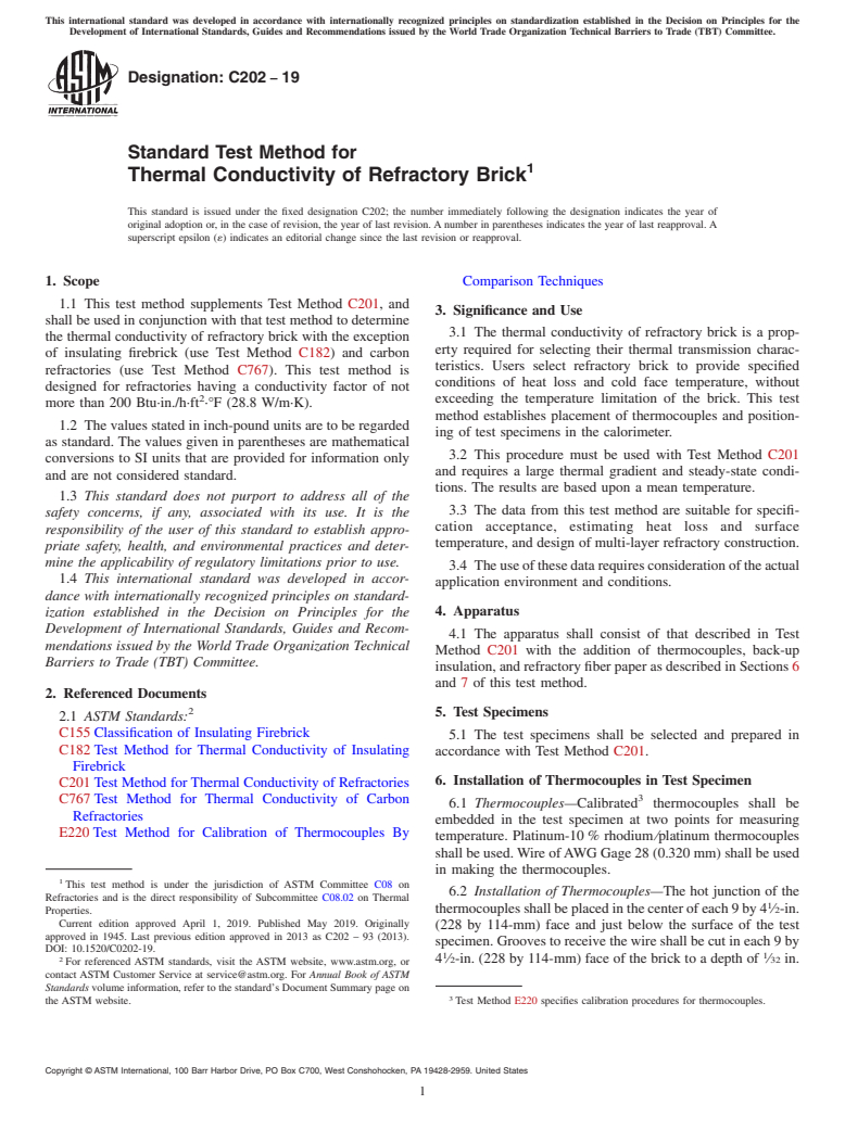 ASTM C202-19 - Standard Test Method for Thermal Conductivity of Refractory Brick