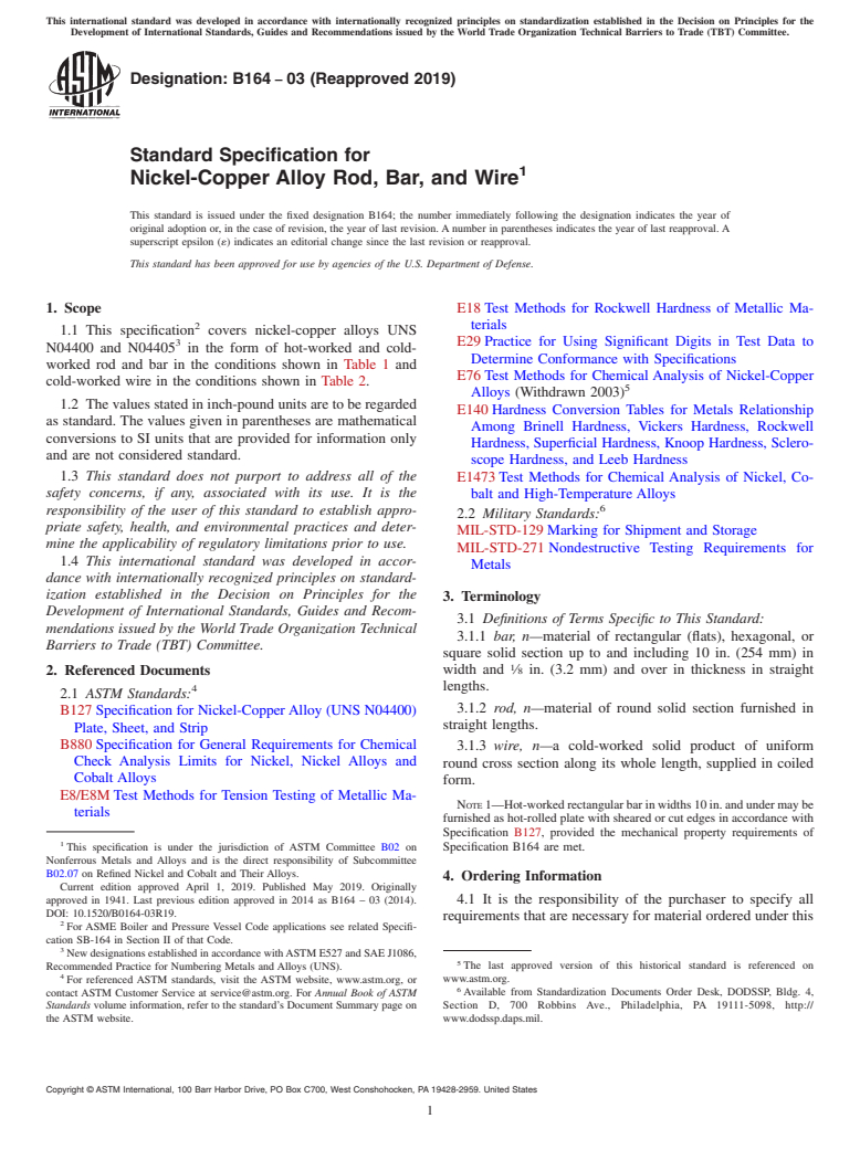 ASTM B164-03(2019) - Standard Specification for Nickel-Copper Alloy Rod, Bar, and Wire