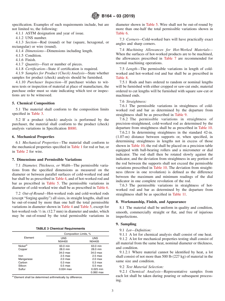 ASTM B164-03(2019) - Standard Specification for Nickel-Copper Alloy Rod, Bar, and Wire