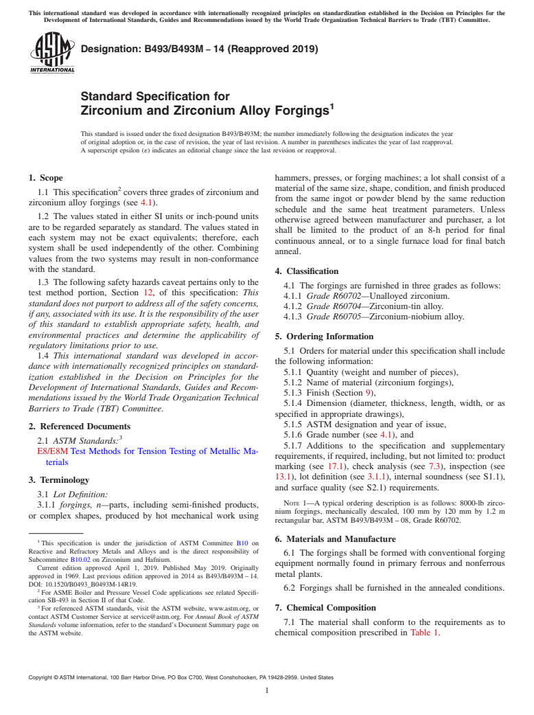 ASTM B493/B493M-14(2019) - Standard Specification for Zirconium and Zirconium Alloy Forgings