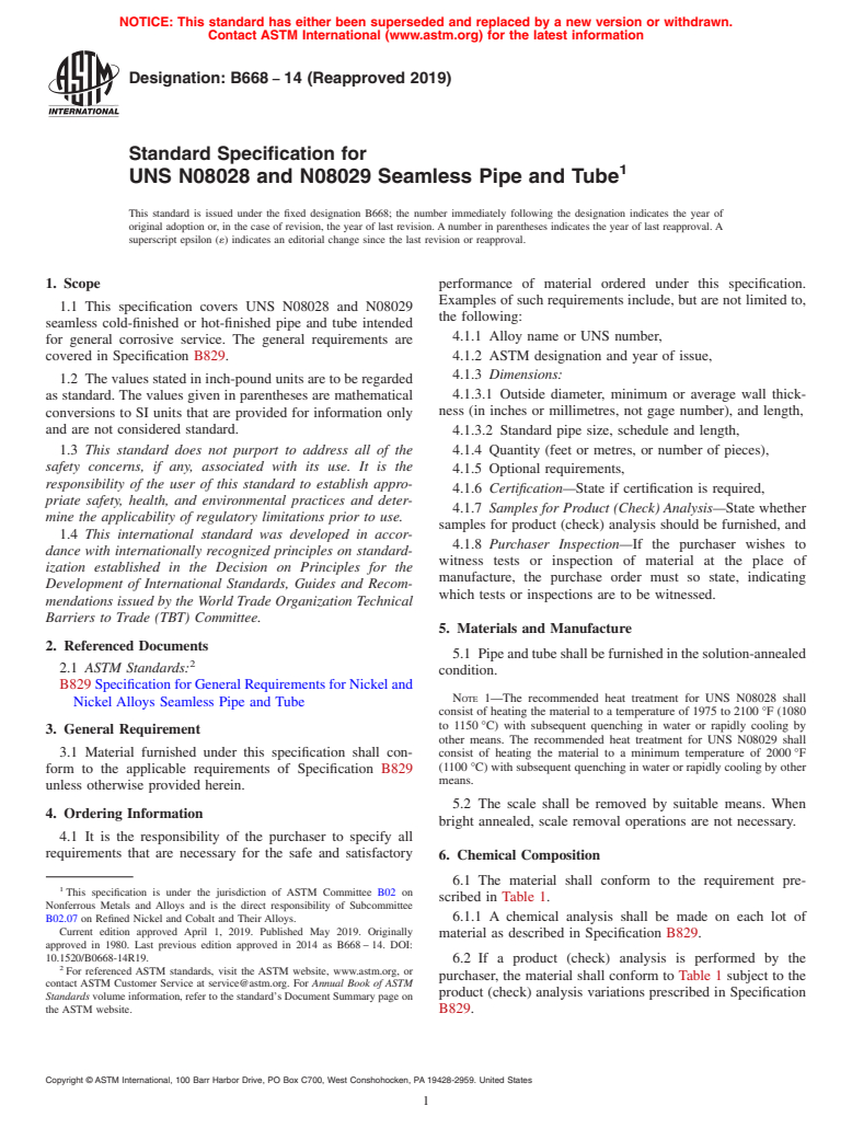 ASTM B668-14(2019) - Standard Specification for UNS N08028 and N08029 Seamless Pipe and Tube