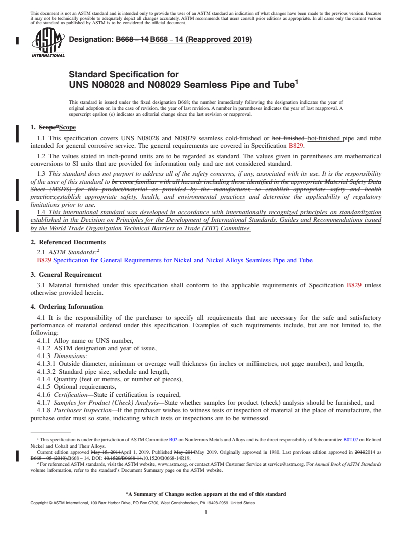 REDLINE ASTM B668-14(2019) - Standard Specification for UNS N08028 and N08029 Seamless Pipe and Tube