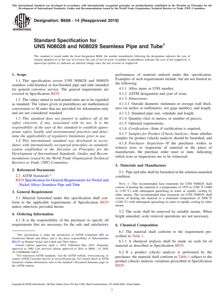 ASTM B668-14(2019) - Standard Specification for UNS N08028 and N08029 Seamless Pipe and Tube