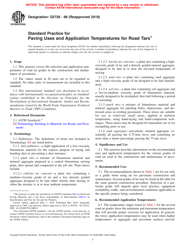 ASTM D2728-98(2019) - Standard Practice for  Paving Uses and Application Temperatures for Road Tars (Withdrawn 2023)