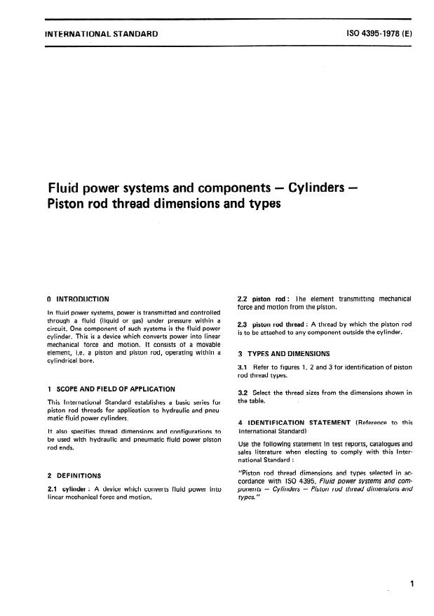 ISO 4395:1978 - Fluid power systems and components -- Cylinders -- Piston rod thread dimensions and types