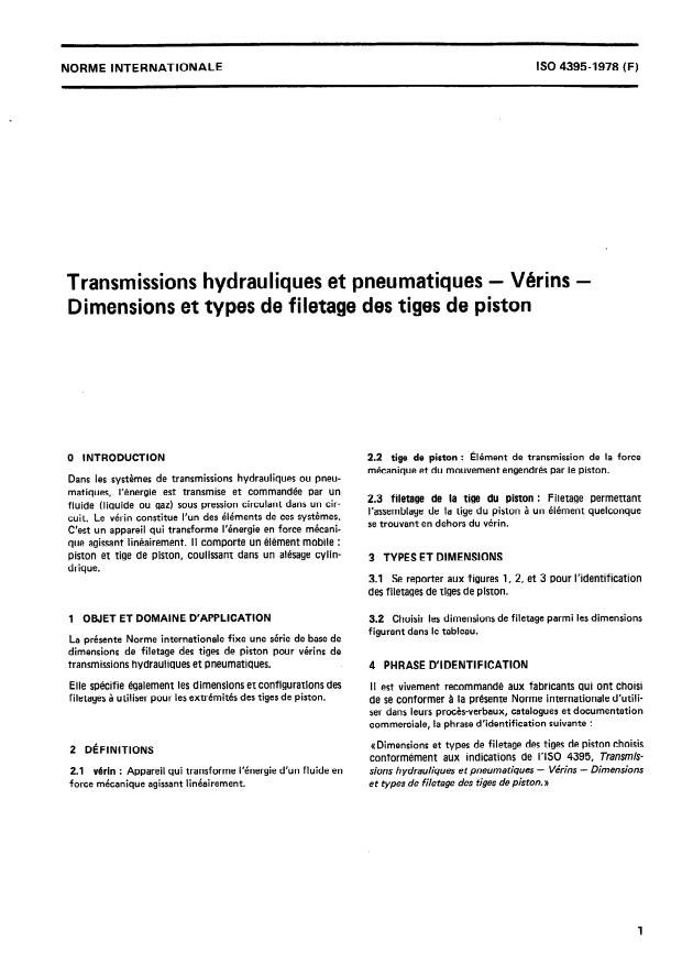ISO 4395:1978 - Transmissions hydrauliques et pneumatiques -- Vérins -- Dimensions et types de filetage des tiges de piston