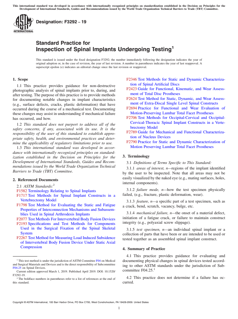 ASTM F3292-19 - Standard Practice for  Inspection of Spinal Implants Undergoing Testing
