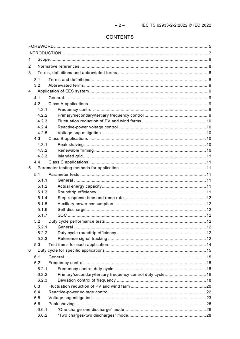 IEC TS 62933-2-2:2022 IEC TS 62933-2-2:2022 - Electrical energy storage (EES) systems - Part 2-2: Unit parameters and testing methods - Application and performance testing - Page 4 preview