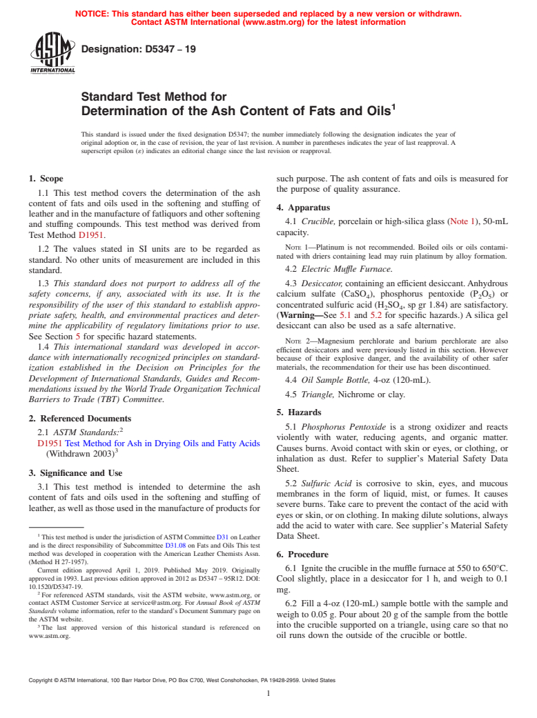 ASTM D5347-19 - Standard Test Method for  Determination of the Ash Content of Fats and Oils