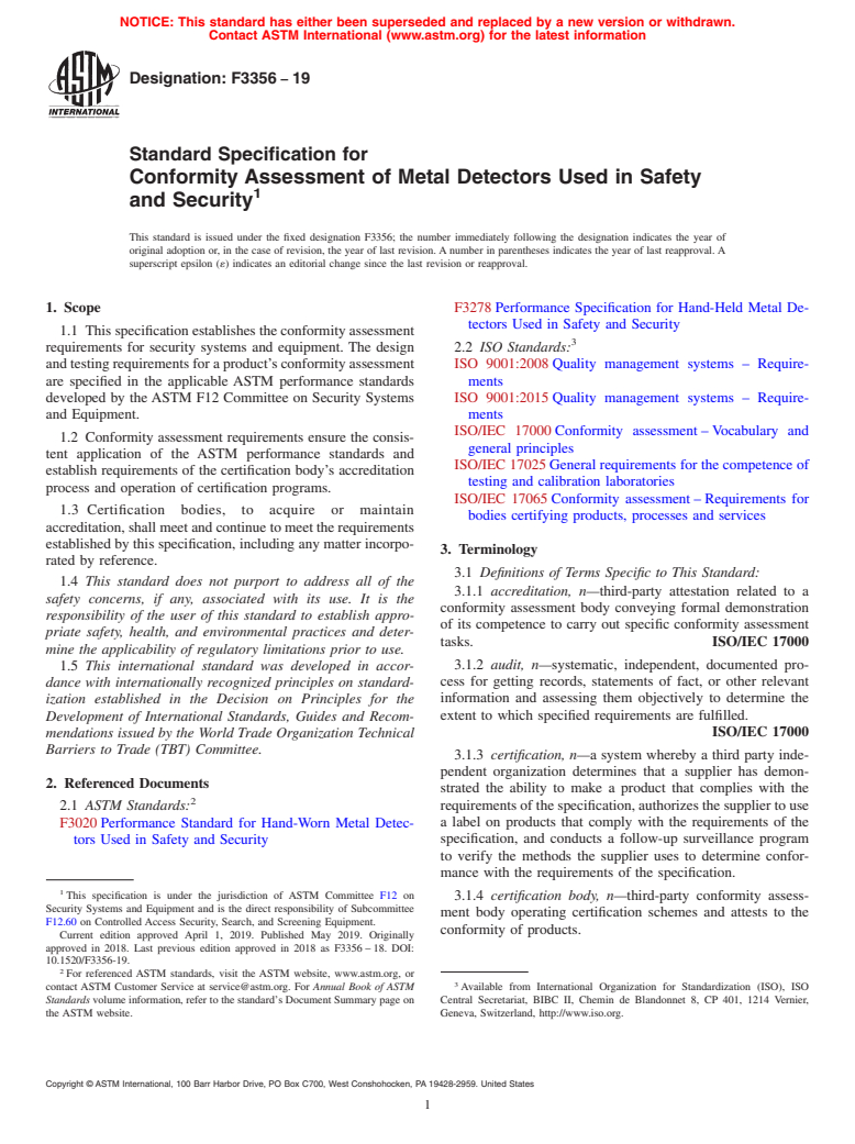 ASTM F3356-19 - Standard Specification for Conformity Assessment of Metal Detectors Used in Safety and  Security